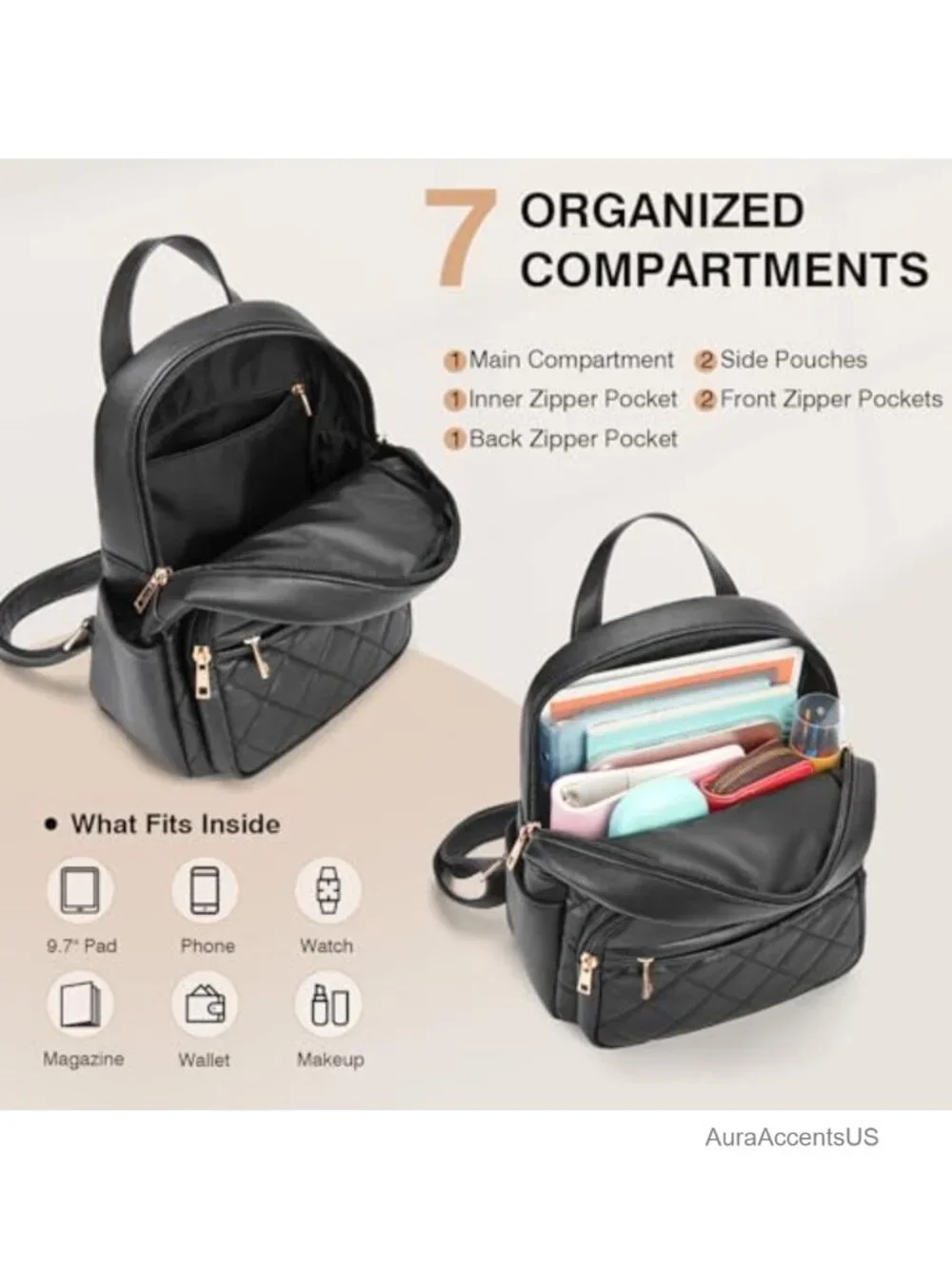 Vegan Leather Mini Backpack Quilted Small Purse for Women Travel Work